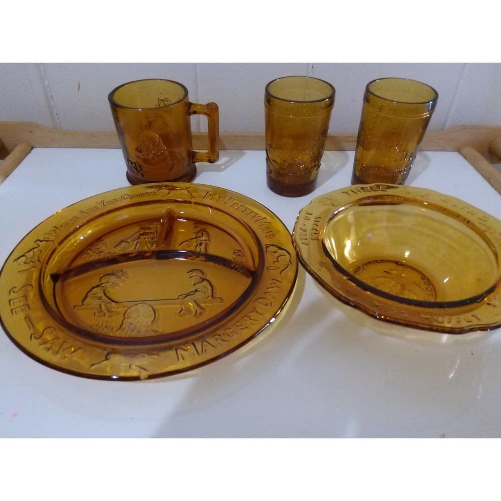 Vintage Margery Daw Amber Glass Nursery Rhyme Children's Dining Set